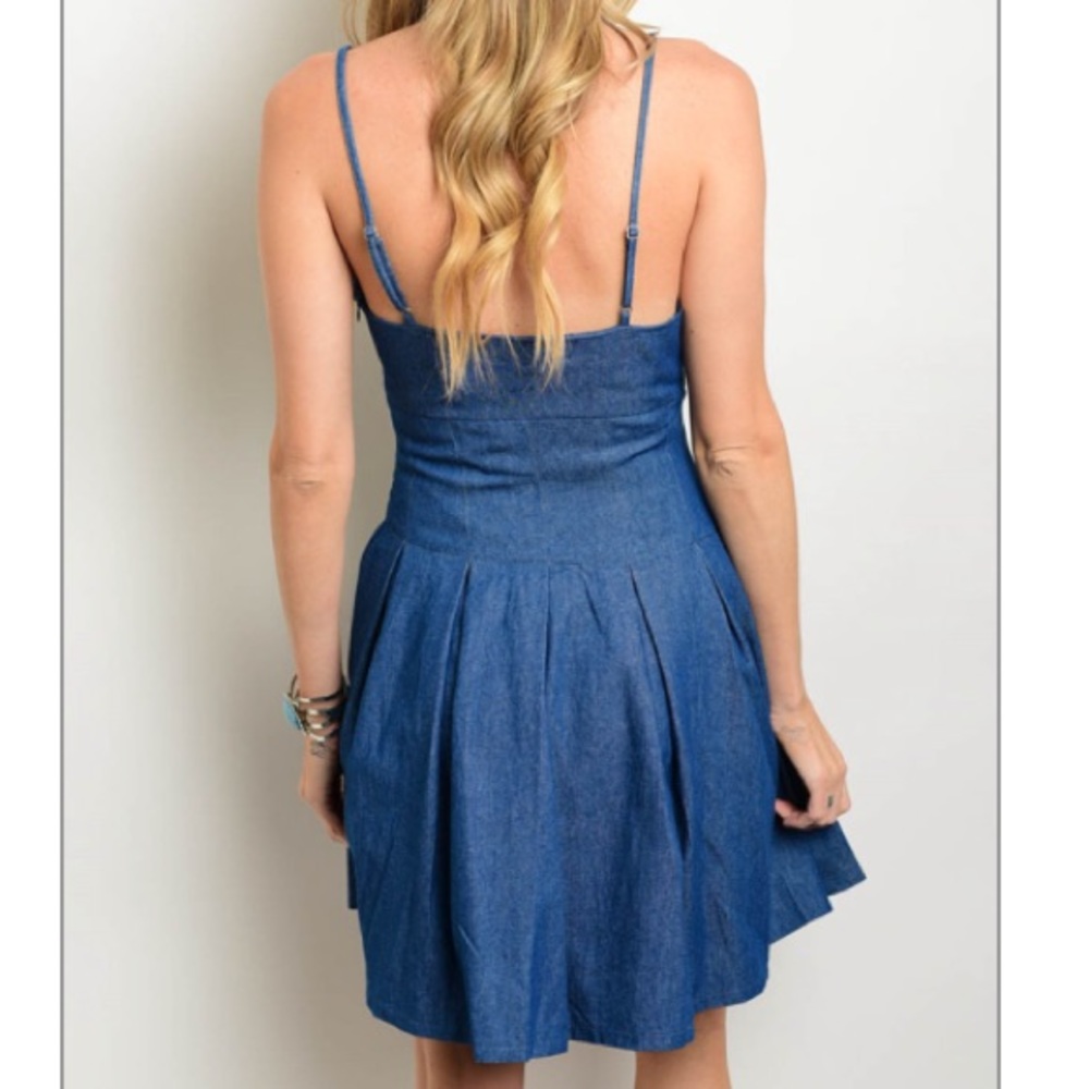 Blue denim mini dress w/spaghetti straps - Picture 2 of 8